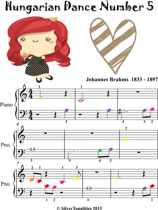 Cover image for Hungarian Dance Number 5 Beginner Piano Sheet Music with Colored Notes